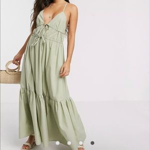 ASOS DESIGN cotton poplin plunge cami cross back maxi dress in khaki